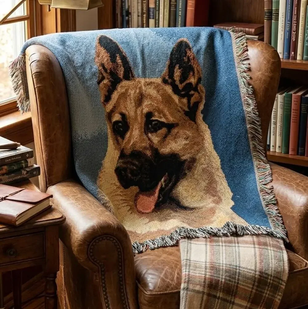 Vintage Linda Picken German Shepherd Dog Woven Tapestry Throw Blanket 47x60 USA